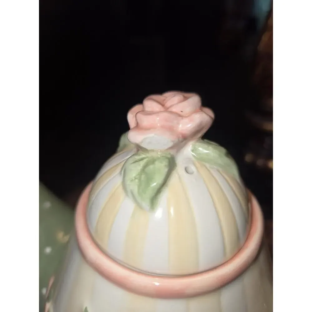 Karla Dornacher Giftcraft Rose Floral Teapot Pink Green Polka Dot Ceramic